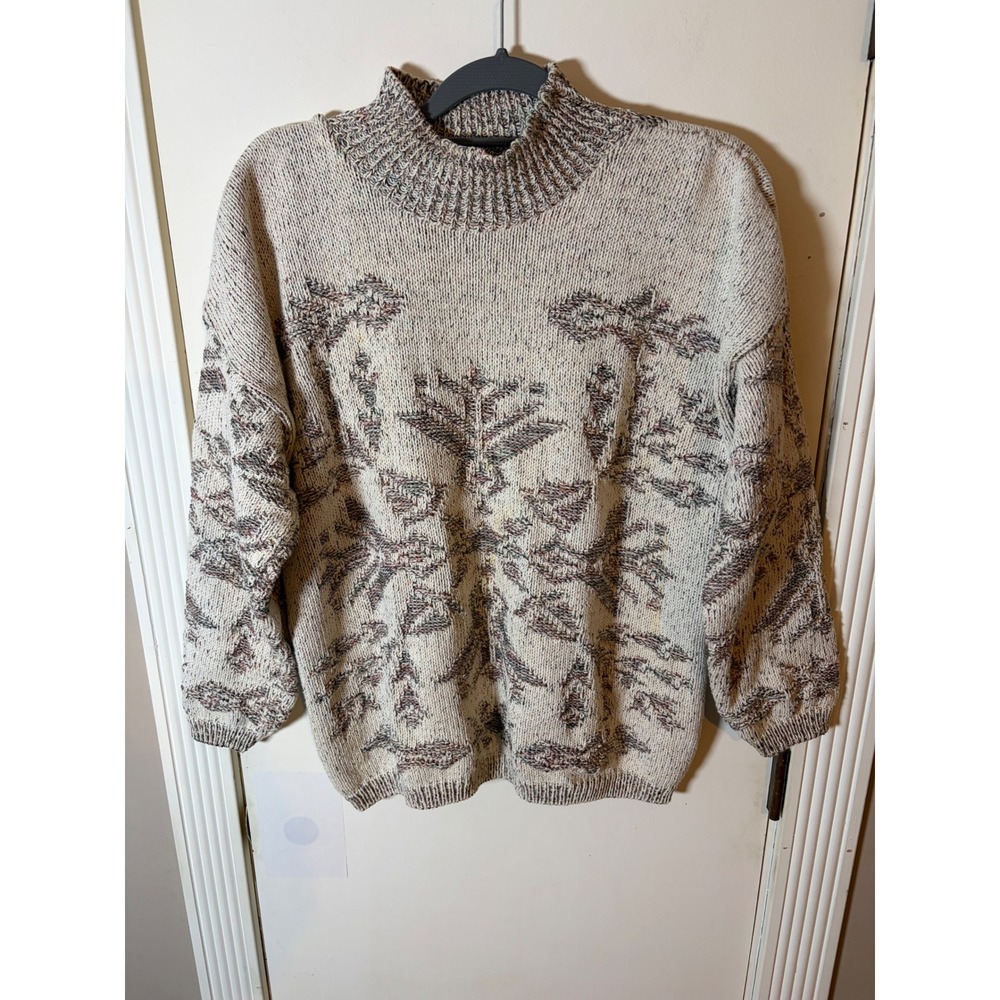 Vintage Castle Square Mock Neck Sweater Made in USA Marled Knit Cream Brown L